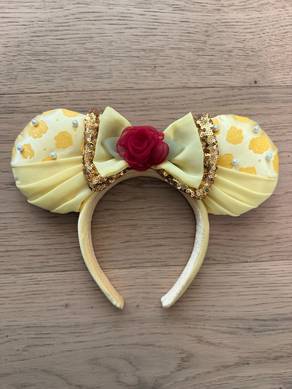 Disney Yellow Sequin Pearl Minnie Ears Headband with Red Rose